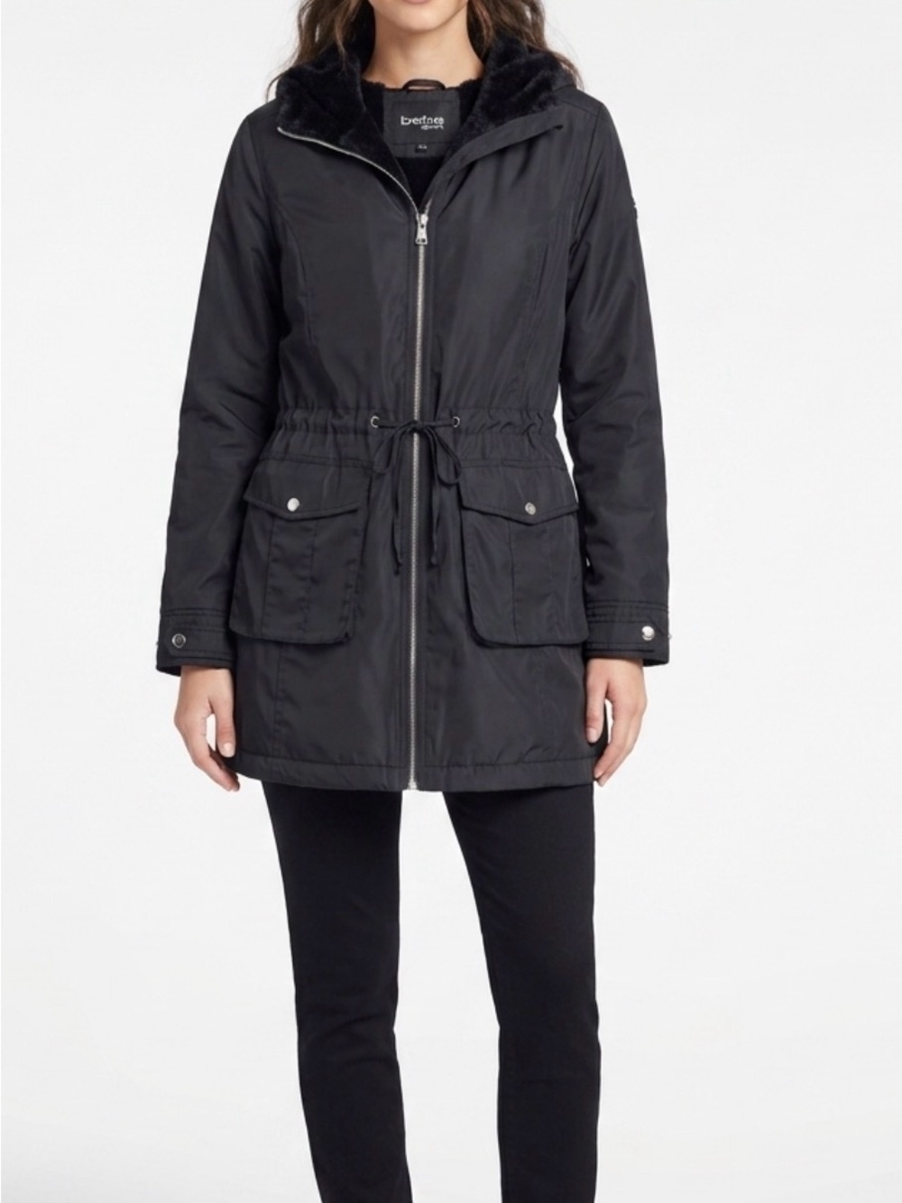 bebe Black Drawstring Waist Utility Jacket with Faux-Fur Hood